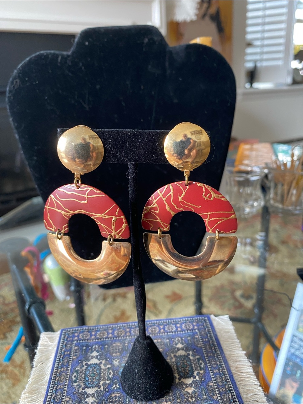 Red and Gold Statement Hoop Drop Earrings - Women Jewelry